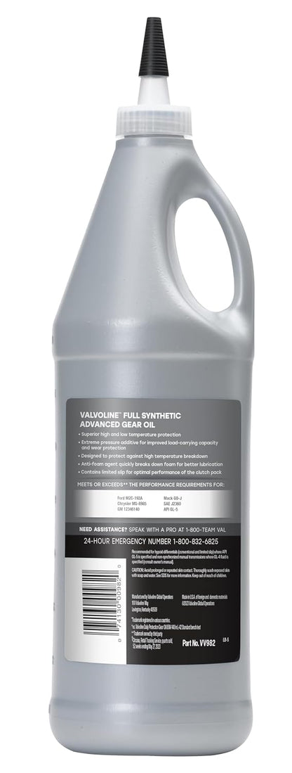 Valvoline Advanced Full Synthetic 75W-140 Gear Oil, 1 Quart, API GL-5 Synthetic Differential & Gear Lubricant