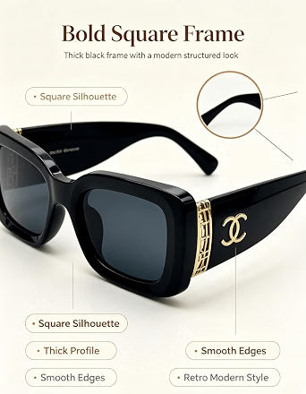HyperionFlo Essentials Black Oversized Square Sunglasses with Gold Metal Accents, UV400 Dark Gray Tinted Lenses, Full Coverage