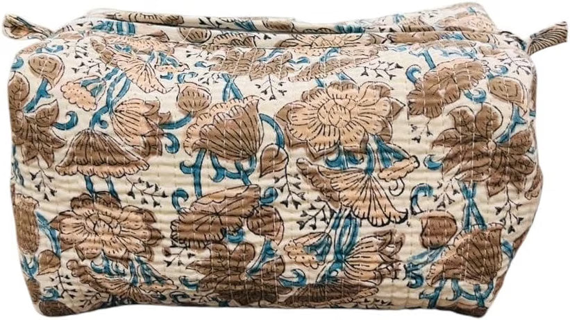 HyperionFlo Essentials 3-Piece Floral Quilted Cotton Travel Cosmetic Pouch Set, Handblock Printed Organizers with Zipper Closure, Color #2