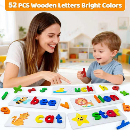 BEESTECH Alphabet ABC Learning Educational Toys for Toddlers, Wooden Letter Matching Game with 28 Flash Cards & 52 Letters, Preschool ABC Learning Toy for Ages 3–4, Gift Set