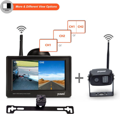 Wireless Backup Camera System with 4.3 inch Split Screen, IP69K Waterproof Wireless Rear View Camera with Night Vision, Support add 2nd Wireless Reversing Camera for Trailer, Vans, Cars, Rv, etc