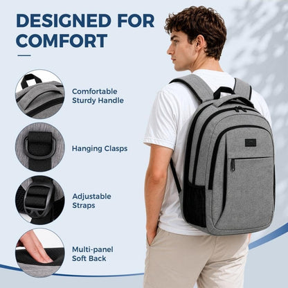 MATEIN Travel Laptop Backpack, 15.6-Inch College School Computer Bag, Water-Resistant Laptop Backpack with Multiple Pockets, Luggage Strap & Anti-Theft Pocket, Grey