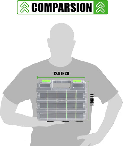 HyperionFlo Essentials Double-Sided 34-Compartment Organizer Box, 2-Pack, Transparent Lid with Removable Dividers, Green