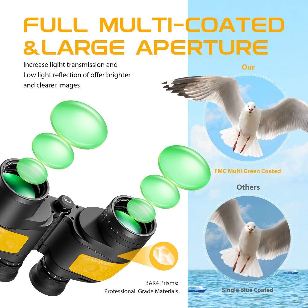 HOOWAY 7x50 Waterproof Fogproof Marine Binoculars with Internal Rangefinder & Illuminated Compass, BAK4 Porro Prism, Fully Multi-Coated Optics, Army Yellow