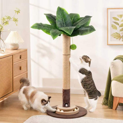 40" Cat Scratching Post, Natural Sisal Rope Cat Scratcher Tree with Hanging Ball, Mouse Hole & Ball Track, Heavy-Duty Wood Base for Kittens & Adult Cats