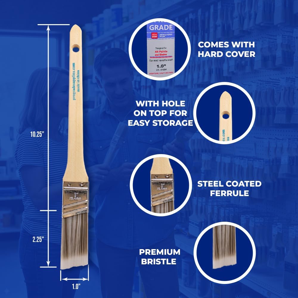 Pro Grade Paint Brushes, 1 Inch Angle Paint Brush, Walls & Trim, 12 Pack Sash, cut-in & detail work | Furniture, cabinets & doors | Interior & exterior | Latex, oil & stain | Medium stiff bristles