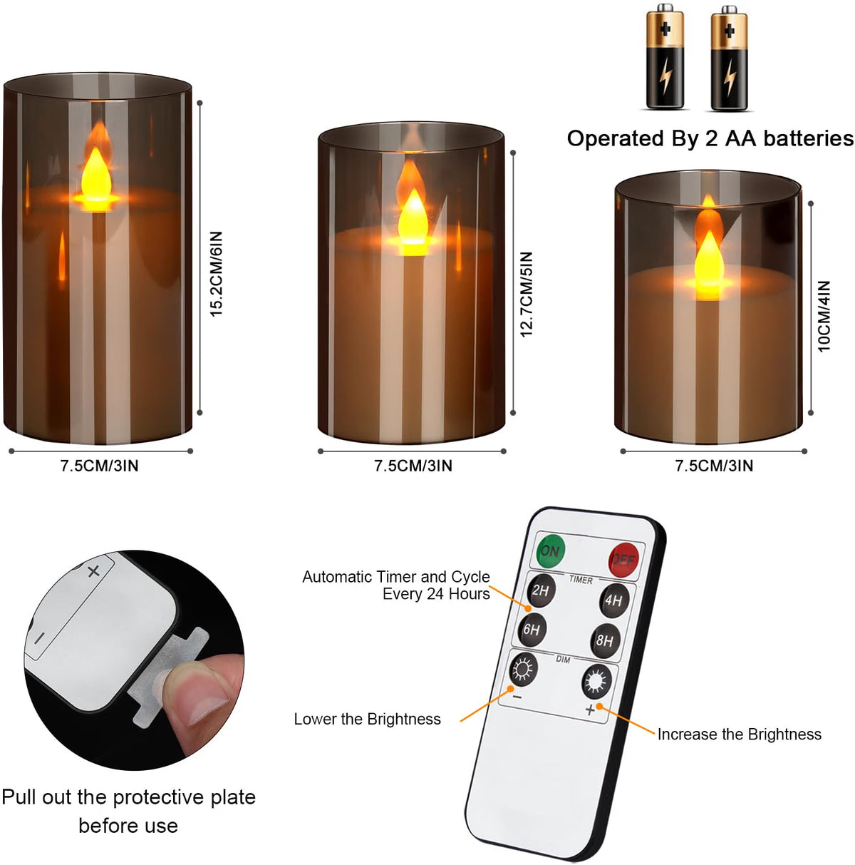 wemarry Flameless Candles, Acrylic Pillars, 3-Pack with Remote