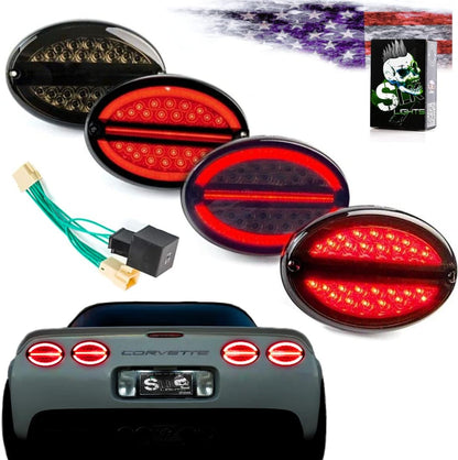 LED Halo Tail Lights Compatible with 1997–2004 Chevrolet Corvette C5, Smoked Lens Rear Brake Turn Signal Lamps, Plug and Play Replacement Set (Smoked Tinted Lens)