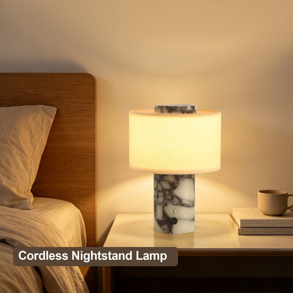 HyperionFlo Essentials Calacatta Viola Stone Cordless Table Lamp, Rechargeable 4000mAh LED Touch Lamp, 3 Color Temperatures, Dimmable, Off-White Linen Shade
