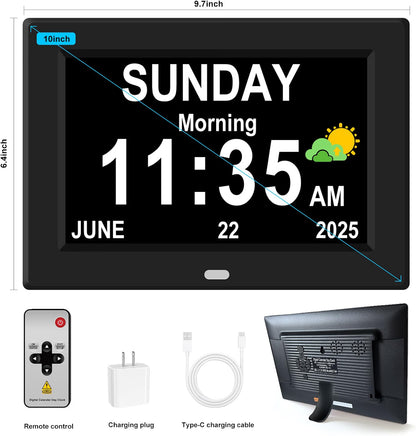 HyperionFlo Essentials 10-Inch Digital Clock for Seniors, Large Display Calendar Clock with Day & Date, 12 Alarms, Medication Reminders, Auto Dimming & Remote Control, Black