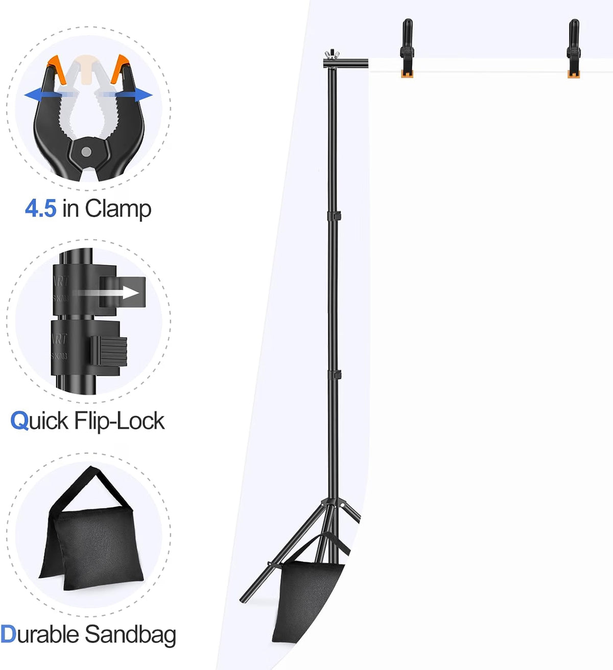 EMART 10x7FT Adjustable Backdrop Stand, Retractable Crossbar Photography Background Stand with Tripod Base, Carry Bag & Clips for Party, Studio, Wedding & Photoshoot