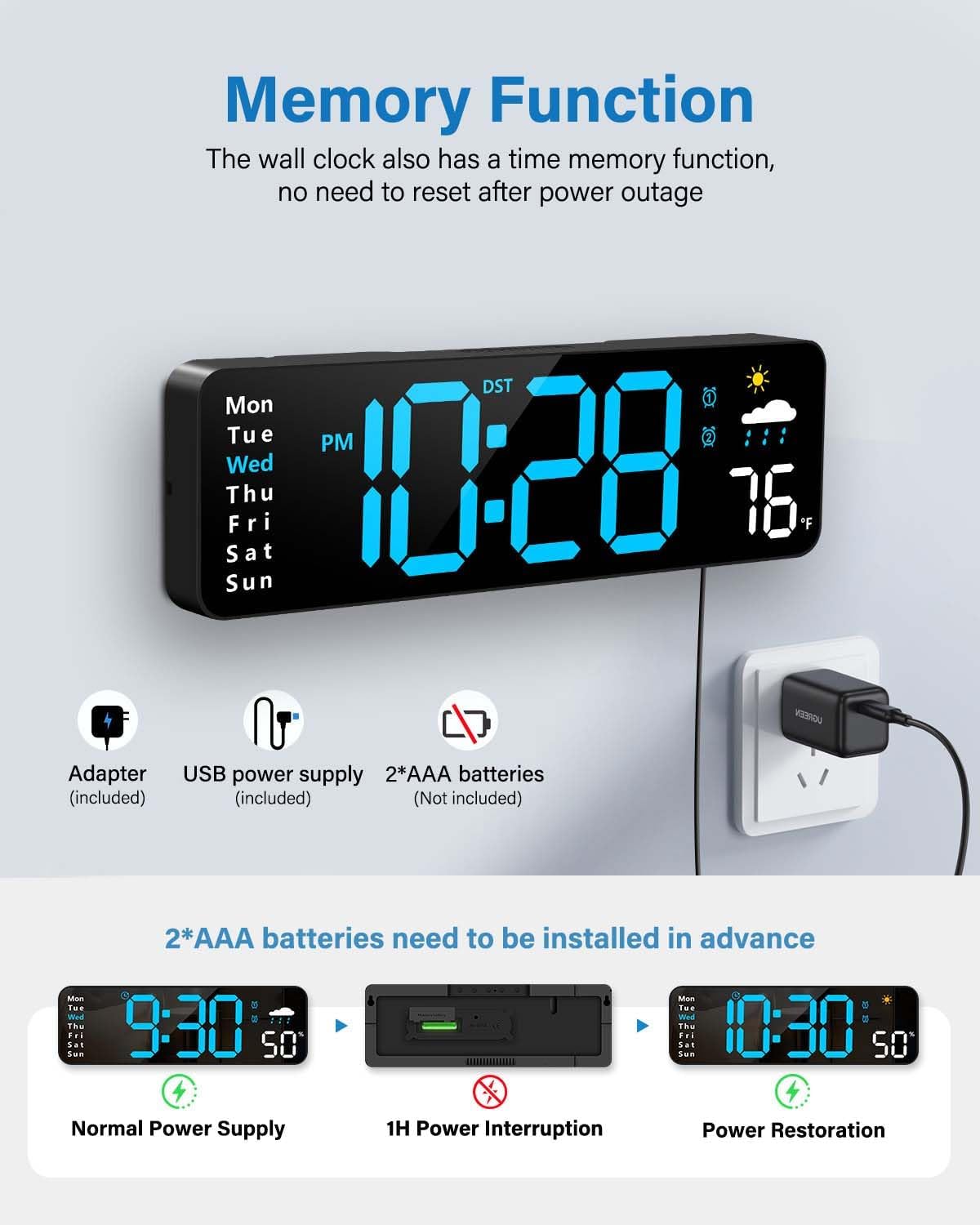Digital Wall Clock with Large LED Display and Remote Control