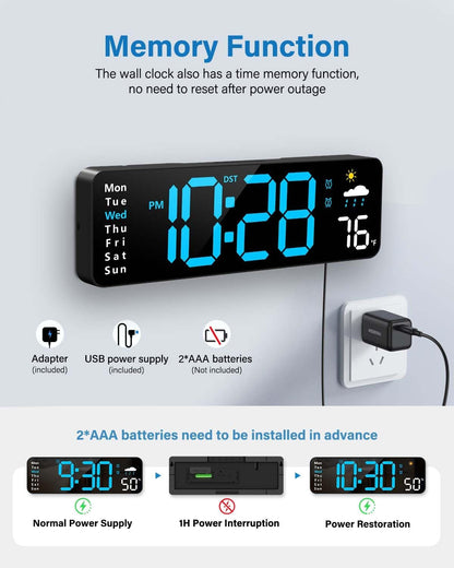 Digital Wall Clock with Large LED Display and Remote Control