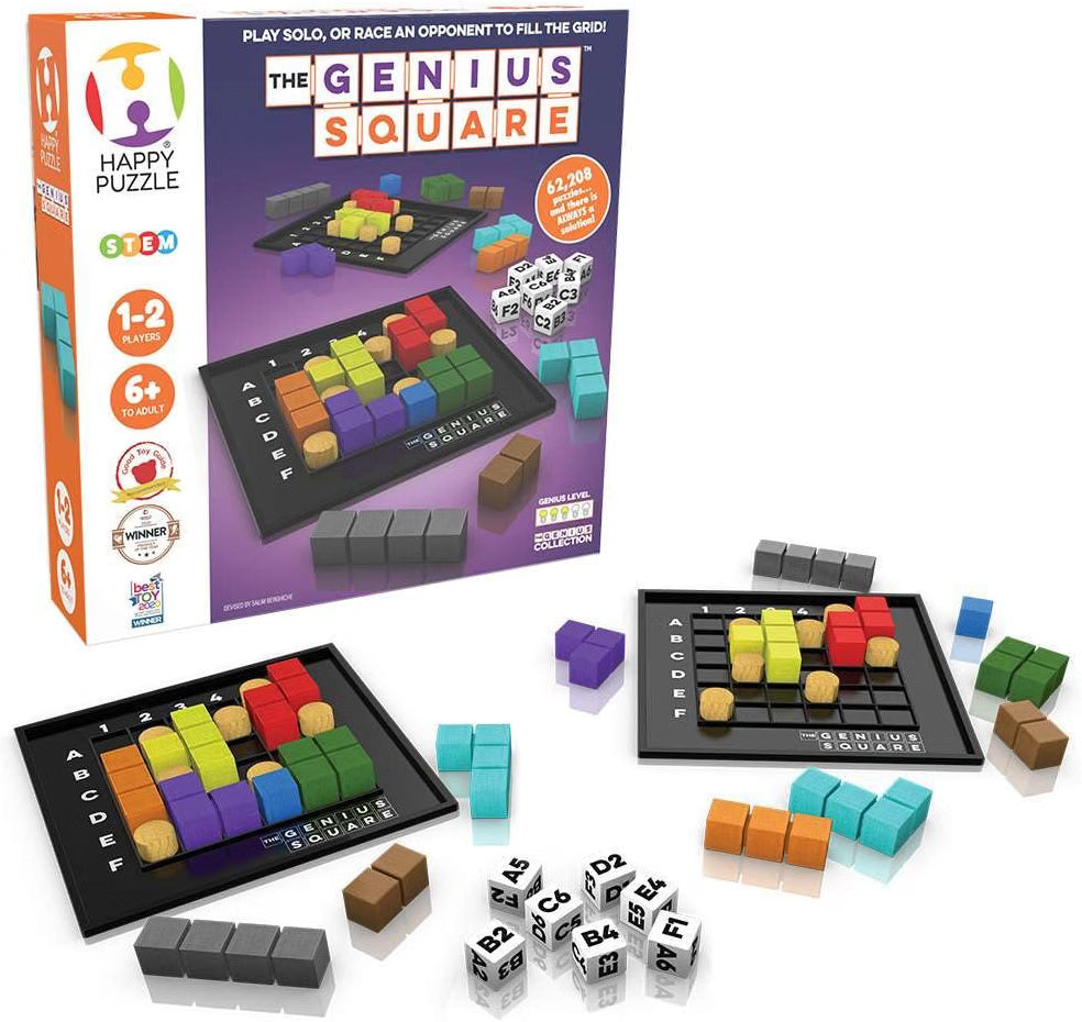 The Genius Square by The Happy Puzzle Company, STEM Puzzle Game for 1-2 Players, 62,208 Possible Solutions, Ages 6 to Adult