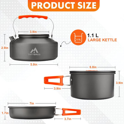 THTYBROS 17-Piece Camping Cookware Mess Kit, Hard-Anodized Aluminum Camping Cookware Set with Pot, Kettle, Frying Pan, Cups, Plates & Utensils for Camping, Backpacking & Picnic, Gray
