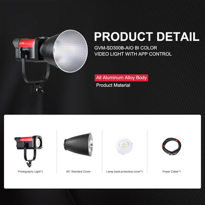 GVM 300W LED Video Light, 221950lux/1m, AIO SD300B Photography Lighting Kit with APP Control, 2700K-6800K Studio Light Continuous Lighting Kit for YouTube,Film,12 Scene Effects