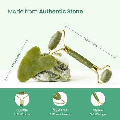 PLANTIFIQUE Jade Gua Sha Facial Tool & Face Roller Set, Authentic Jade Facial Massage Tools with Giftable Box