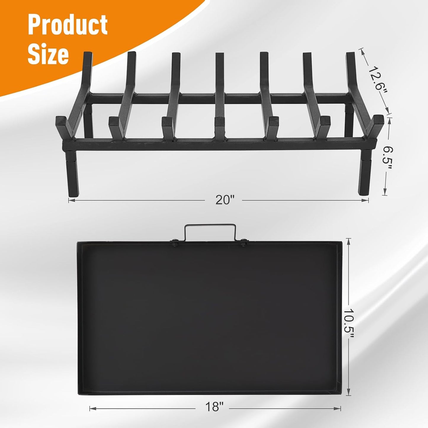 Fireplace Grate with Ash Pan & Log Holder, 20 inch Heavy-Duty Cast Iron,Fireplace Log Holder for Ash Catching, Log Holding,Fire Pit,Wood Burning Stove,Indoor Outdoor