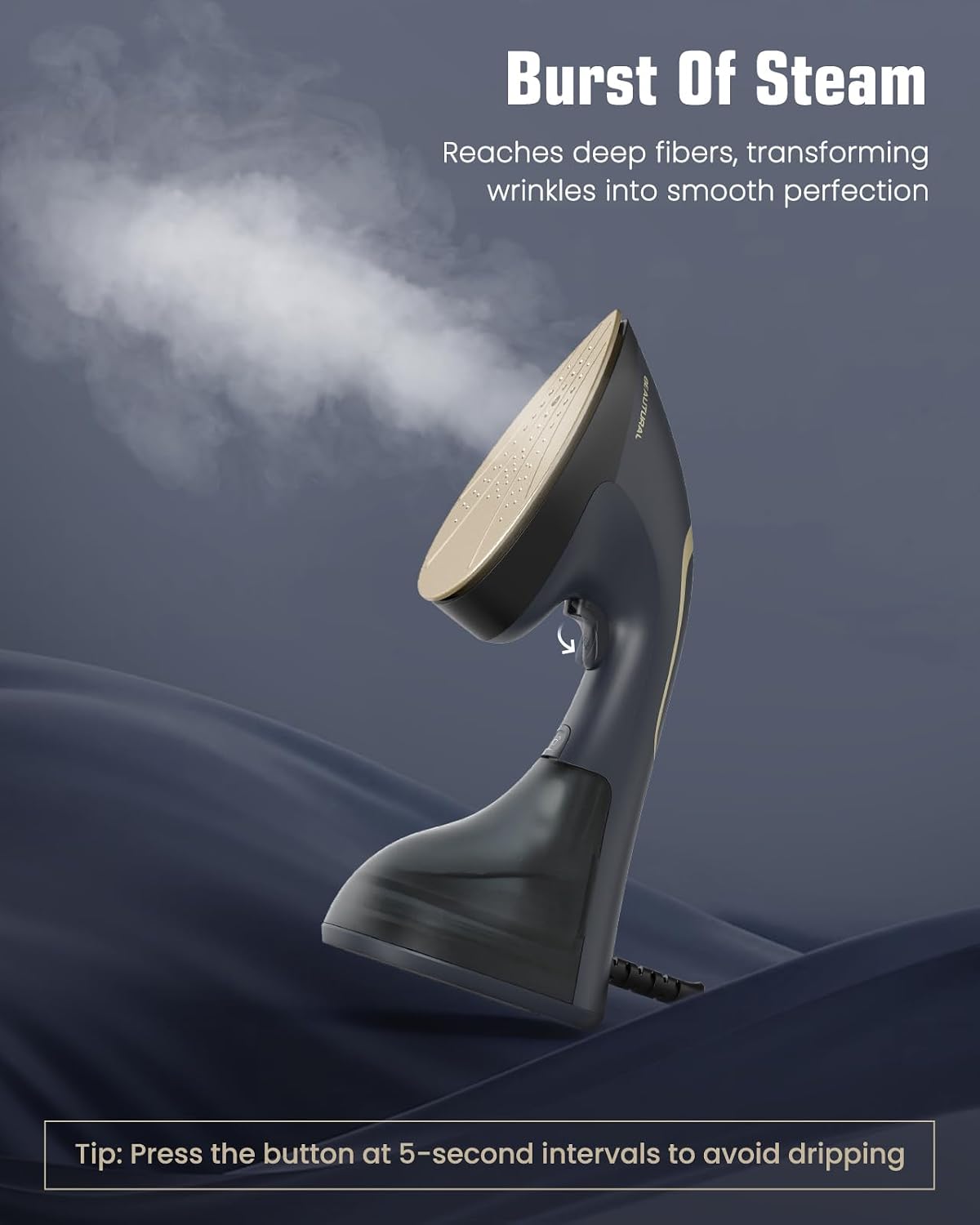 BEAUTURAL 2-in-1 Handheld Steamer & Iron for Clothes – 1200W Burst Steam Wrinkle Remover, Navy