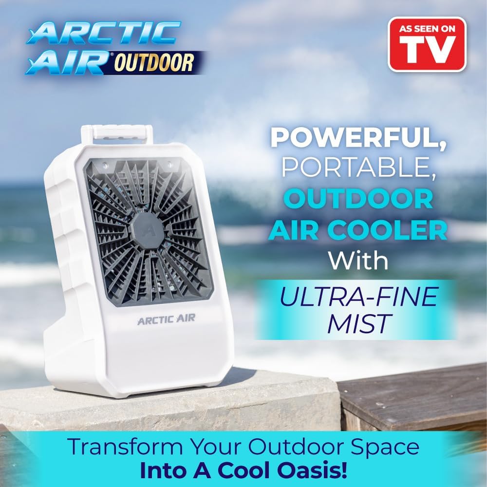 Arctic Air Outdoor Evaporative Cooler, Portable & Ultra-Quiet Air Cooler with 4 Fan Speeds, USB Rechargeable, 6-Hour Battery Life, Great for the Beach, Pool, Deck, Garden & More,White