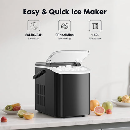 Sweetcrispy Countertop Ice Maker with Scoop, Basket and Handle, Portable Ice Machine 9 Cubes Ready in 6 Mins, 26.5lbs in 24Hrs, 2 Sizes for Home Kitchen Office Bar Party, Coal Black