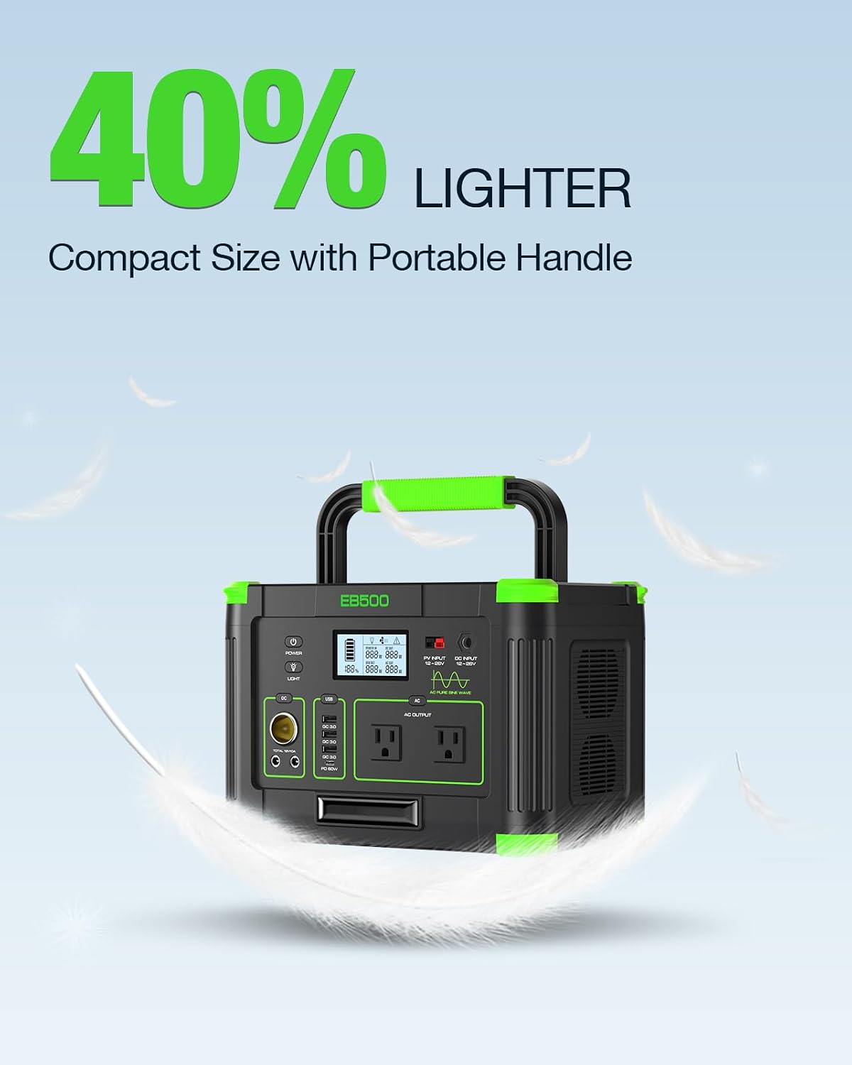 Portable Power Station 500W, 519.48Wh/140400mAh Solar Generator Backup Lithium Battery Pack Power Supply with 2 AC Outlets, PD 60W USB-C Power Bank for Outdoor RV Camping, Home Outage, Emergency