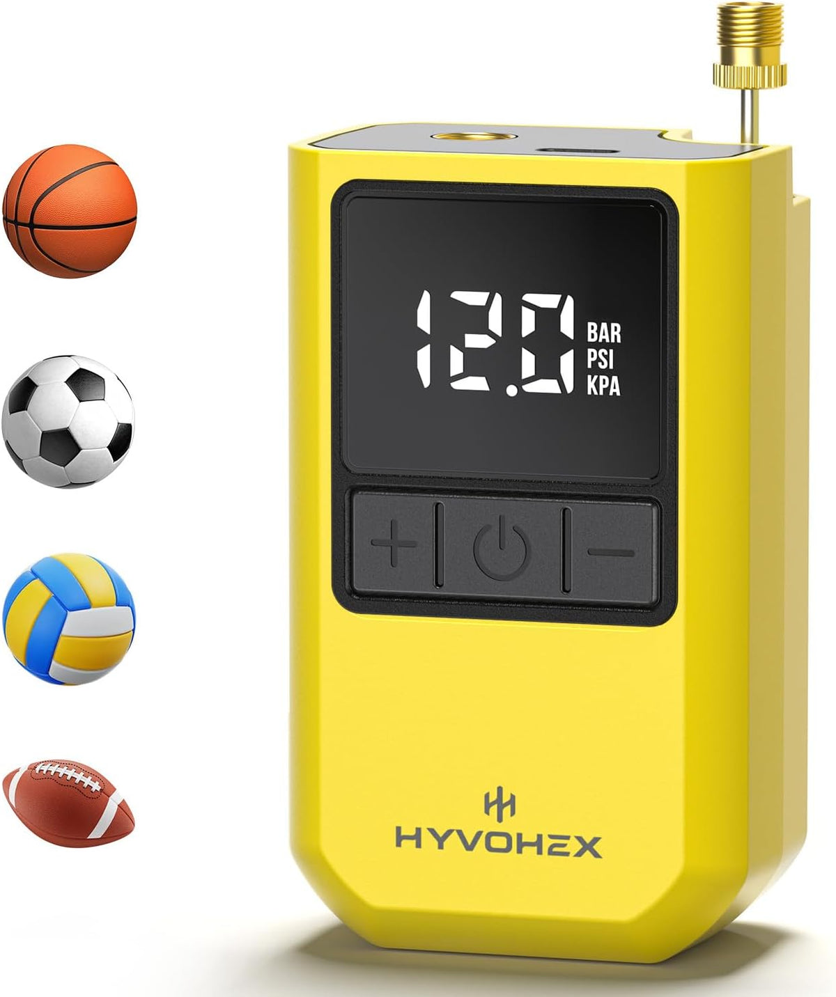 HYVOHEX Portable Electric Ball Pump with Needle, Rechargeable Sports Ball Inflator with Digital LED Display, Preset Auto-Stop Pressure, USB-C, Yellow