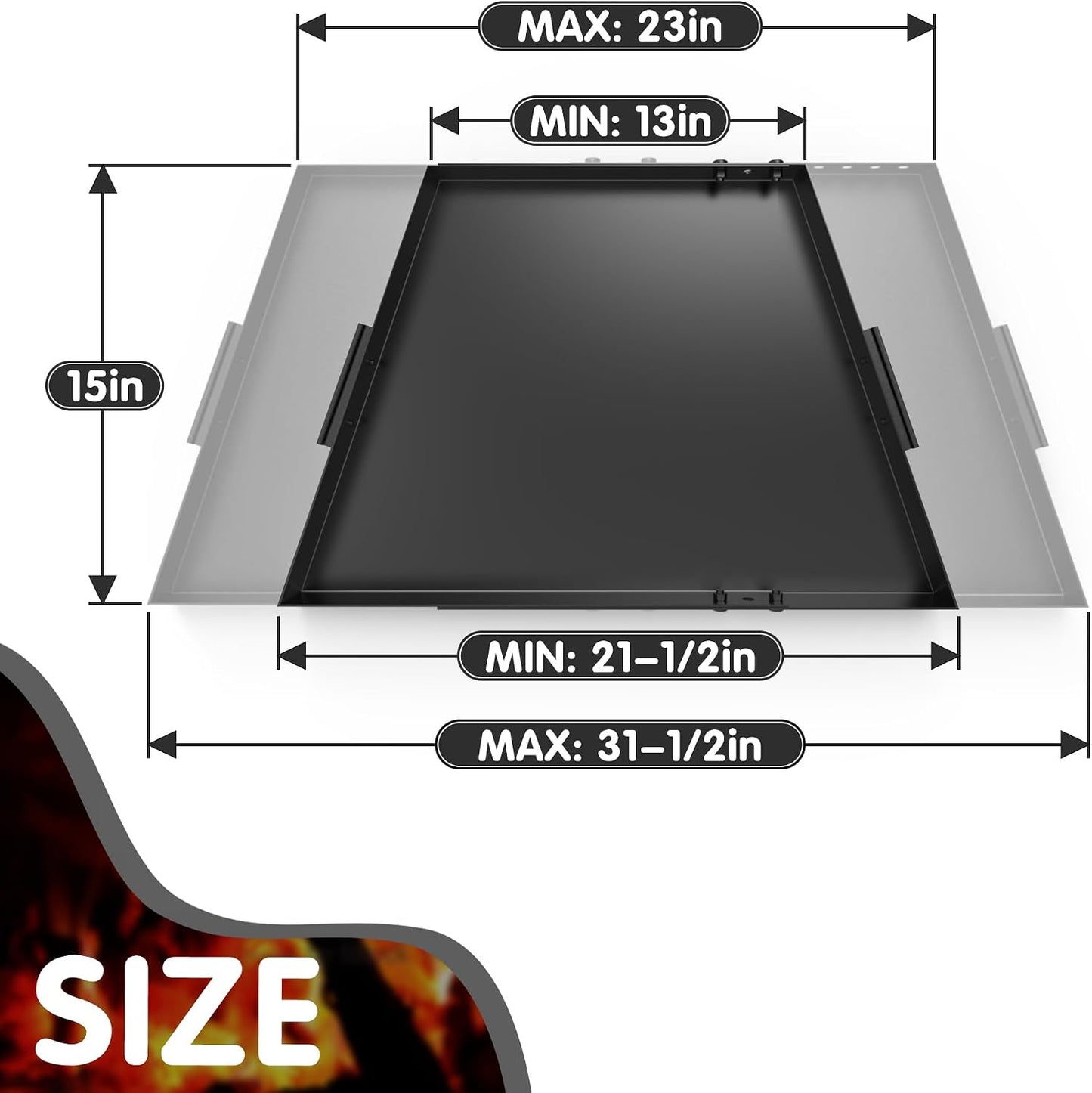 Air Jade Expandable Fireplace Tray, Galvanized Steel Fireplace Ash Tray with Handles for Collecting Ash, Adjustable Up to 31.5" Ember Holder Fireplace Ash Pan, Black, Trapeziform