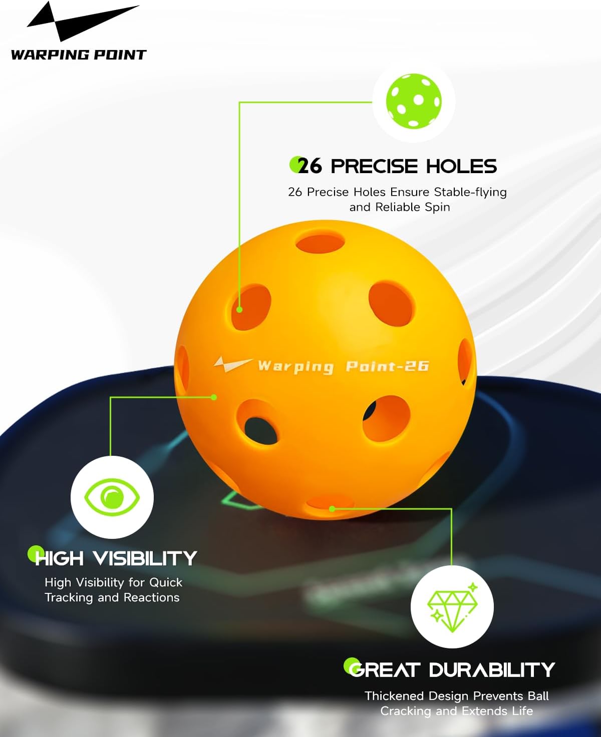 Warping Point Indoor Pickleball Balls, 12-Pack, 26-Hole TPE Practice Pickle Balls, 40+ Standard Size with Consistent Bounce & High Visibility, Orange