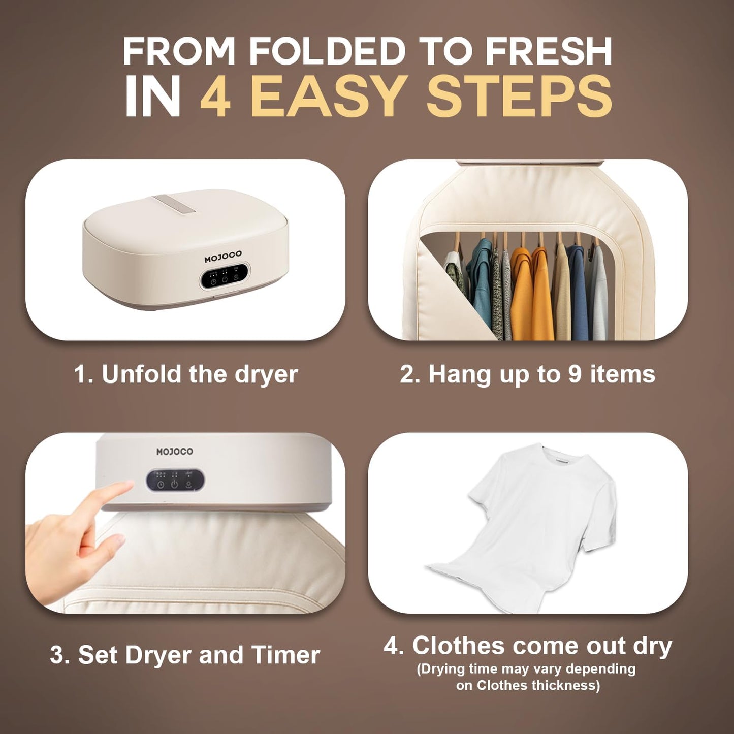 MOJOCO Portable Clothes Dryer - 600w Compact Dryer for Apartment, Travel