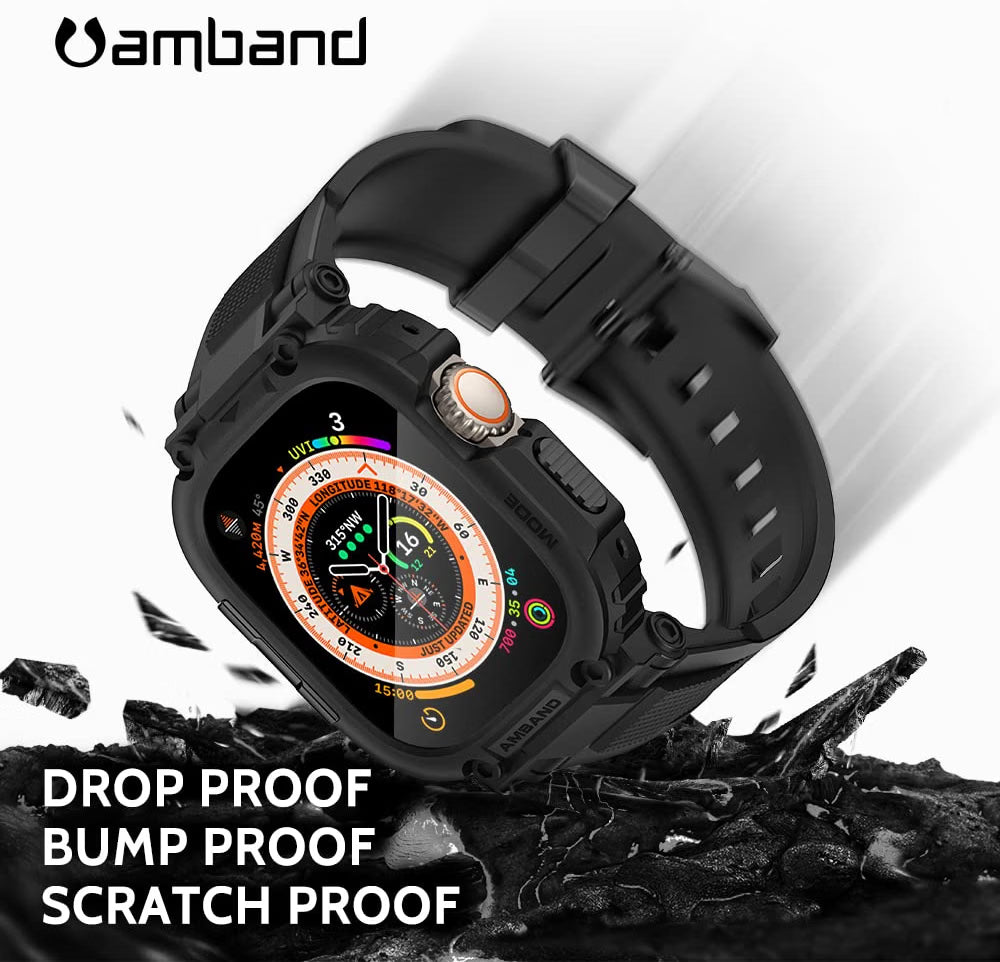 amBand M1 Sport Rugged Apple Watch Ultra Band & Case 49mm, 9H Tempered Glass Screen Protector, TPU Protective Bumper Strap for Men, Black