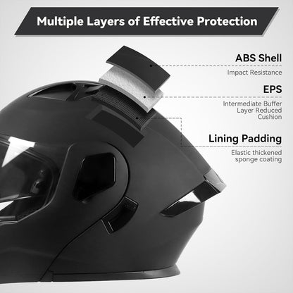 helmelkin Modular Flip-Up Motorcycle Helmet for Men & Women, DOT Approved Full-Face Helmet with Dual Visor, Ventilation & Adjustable Strap, Large, Black