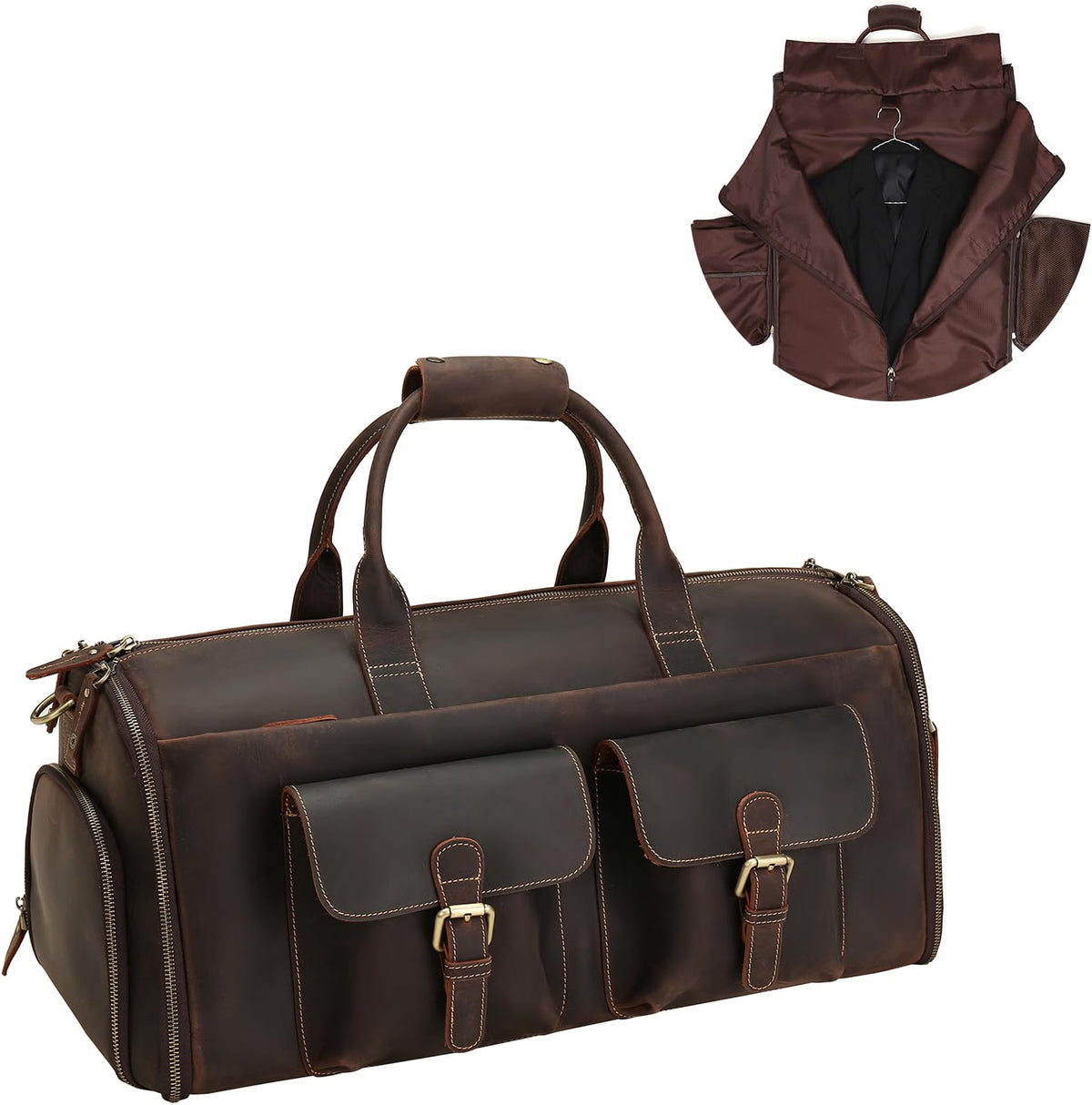 UPRESYE Convertible Leather Garment Bag, Full Grain Cowhide Leather 2-in-1 Suit Travel Bag with Shoe Pouch, Carry-On Hanging Garment Duffel Bag, Deep Brown