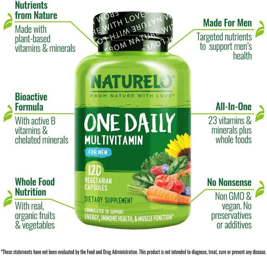 NATURELO Multivitamin for Men - One Daily, 120 Vegetarian Capsules Vitamins, minerals & organic whole foods, non-GMO