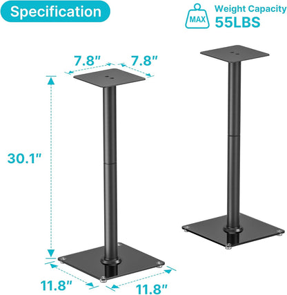 PEGZONE Speaker Stands Pair – 30" Fixed Height Tempered Glass Floor Stands, 55lbs Capacity (Black)