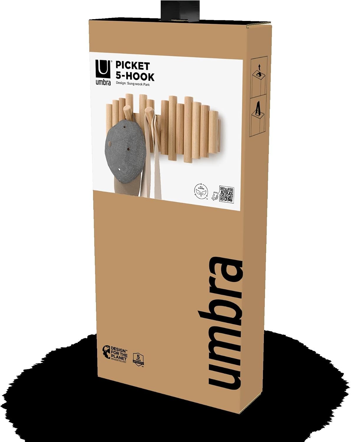 Umbra Picket Coat Rack, Wall Mount 5 Flip-Down Coat Hooks, Natural
