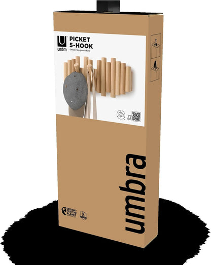 Umbra Picket Coat Rack, Wall Mount 5 Flip-Down Coat Hooks, Natural
