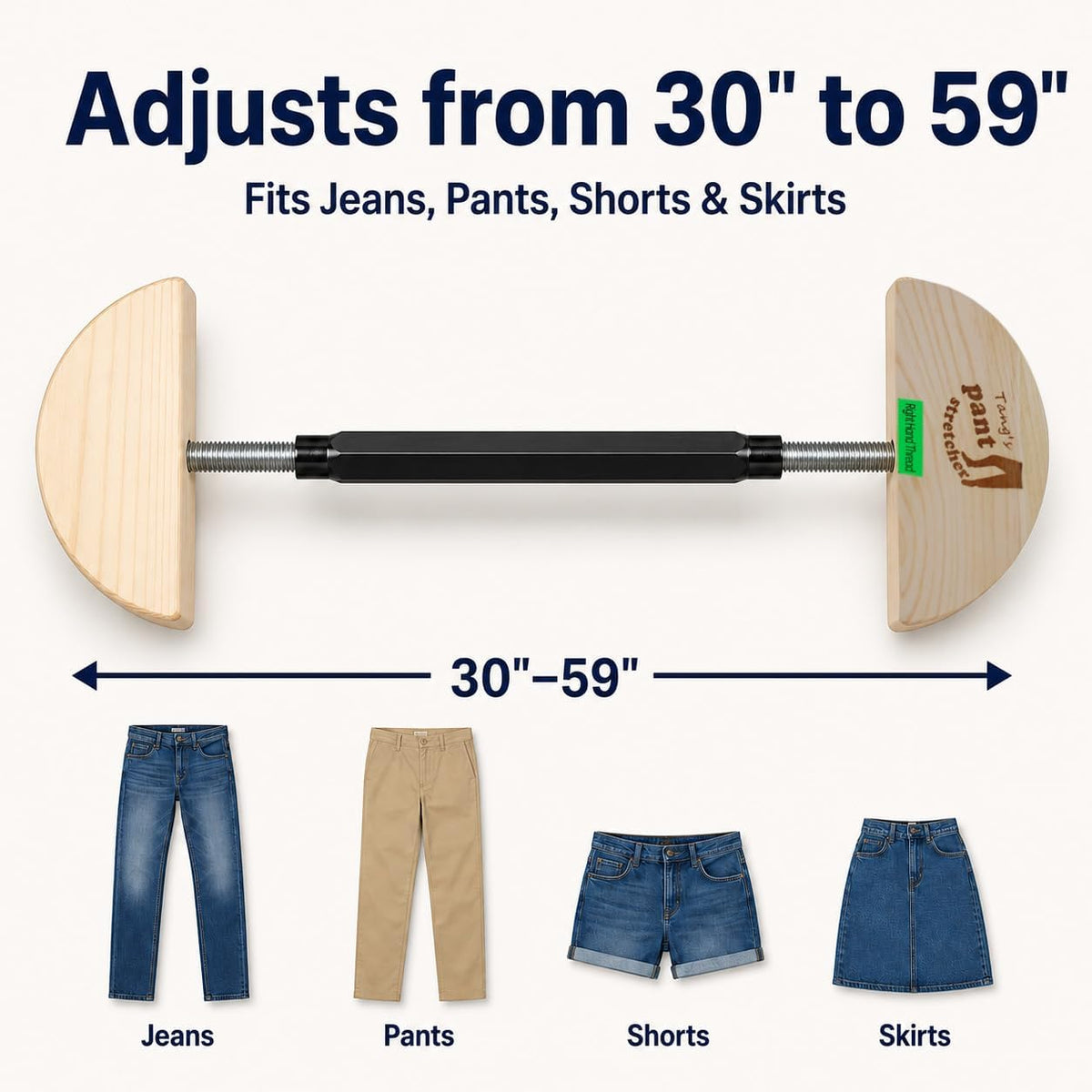Tang's Heavy Duty Pant Stretcher for Jeans, Adjustable Waistband Stretcher 30 to 59 Inches, Solid Wood and Aluminum Alloy Waist Expander for Men and Women, Pants, Shorts and Skirts