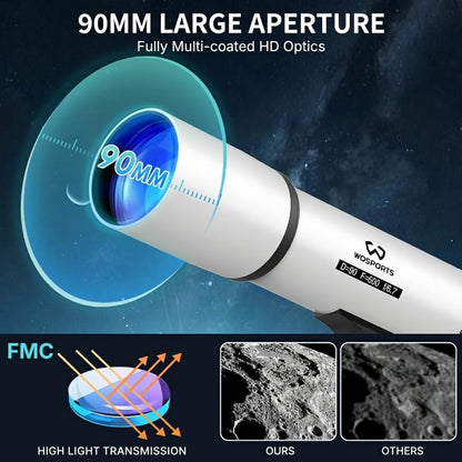 WOSPORTS 90mm Telescope for Adults & Beginners, 600mm Refractor Telescope with 180X Magnification, 10mm & 25mm Eyepieces, Adjustable Tripod, Phone Adapter & Carrying Case