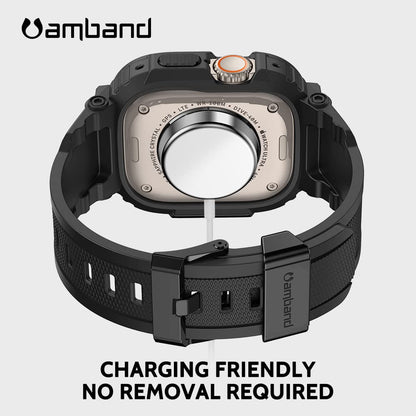 amBand M1 Sport Rugged Apple Watch Ultra Band & Case 49mm, 9H Tempered Glass Screen Protector, TPU Protective Bumper Strap for Men, Black