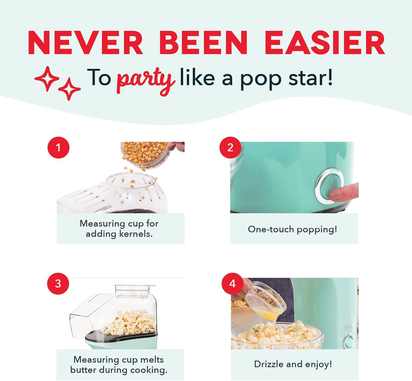 Dash Fresh Pop Popcorn Maker, 16-Cup Hot Air Popper with Butter-Warming Tray, Compact Countertop Design, Aqua
