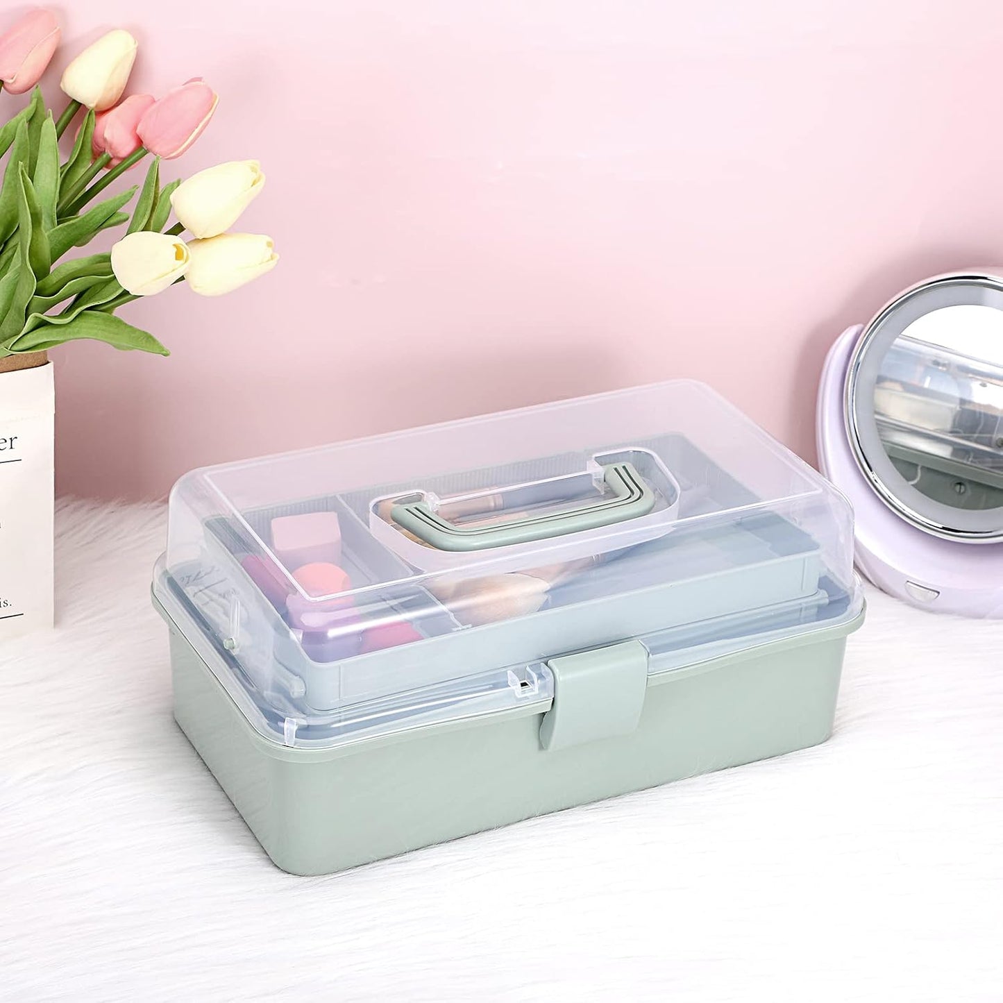 BTSKY 3-Layer Plastic Dividing Storage Box, Craft Organizer and Storage Case with Adjustable Compartments, Haze Green