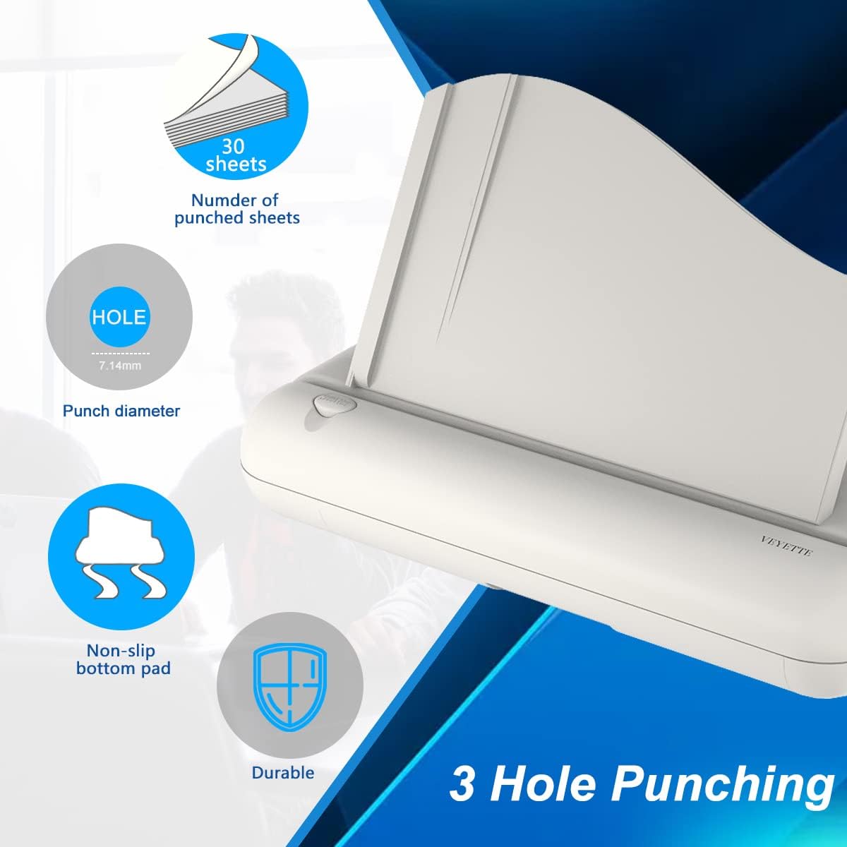 VEYETTE Electric 3 Hole Paper Punch, Heavy Duty Commercial Hole Puncher with Adapter, 30 Sheet Capacity, Automatic Office School Paper Punch, Gray