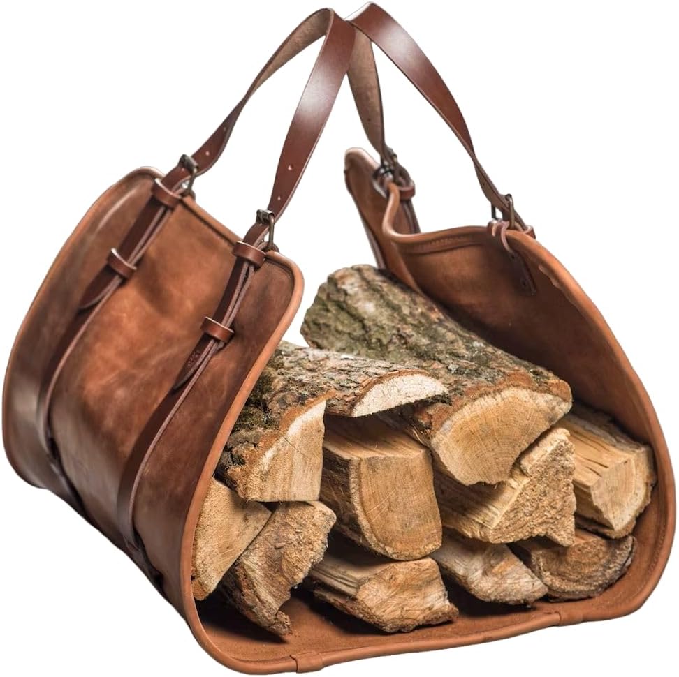 DarkRabbit Leather Firewood Carrier, Cabin Wood Log Carrier, Large Log Tote Bag for Fireplace, Campfire, or Outdoor Fire Pit | Heavy Duty Leather Wood Holder for Winter or Camping Stove 44X20