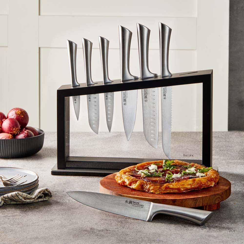Cuisine::pro Damashiro Satori 8-Piece Japanese Steel Kitchen Knife Set Transparent Display Magnetic Block with Acacia Wood Chopping Board for Convenient Knife Storage and Everyday Food Preparation