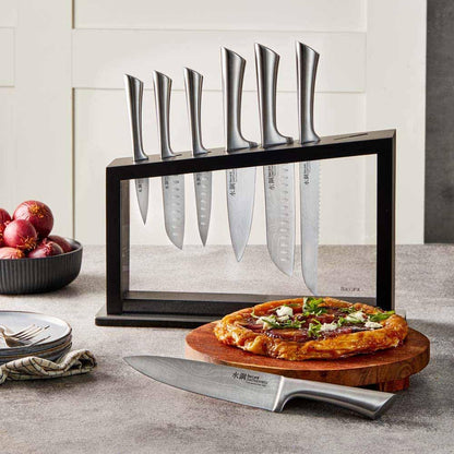 Cuisine::pro Damashiro Satori 8-Piece Japanese Steel Kitchen Knife Set Transparent Display Magnetic Block with Acacia Wood Chopping Board for Convenient Knife Storage and Everyday Food Preparation