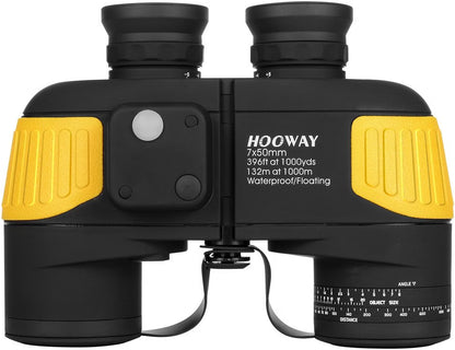 HOOWAY 7x50 Waterproof Fogproof Marine Binoculars with Internal Rangefinder & Illuminated Compass, BAK4 Porro Prism, Fully Multi-Coated Optics, Army Yellow