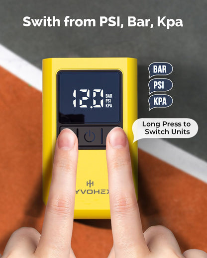 HYVOHEX Portable Electric Ball Pump with Needle, Rechargeable Sports Ball Inflator with Digital LED Display, Preset Auto-Stop Pressure, USB-C, Yellow