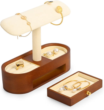 Oirlv Solid Wood Watch Stand with Drawer, T-Bar Watch Holder & Jewelry Organizer for Men and Women, Bracelet, Bangle, Ring & Earring Display, Creamy White