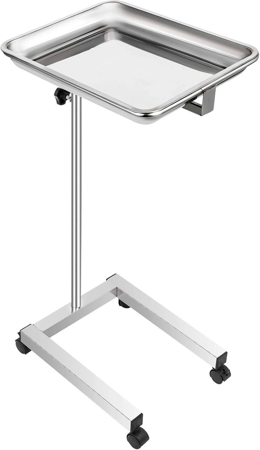 VEVOR Mayo Stand 18 x 14 inch Medical Tray, Height Adjustable 32-51 inch, Stainless Steel Lab Cart with Removable Tray & 4 Swivel Wheels, Metal Instrument Procedure Tray for Home Equipment, Dental
